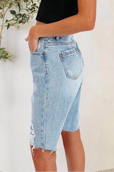 Distressed Pocketed Denim Shorts for Women - Stylish Fit - Selvanelle