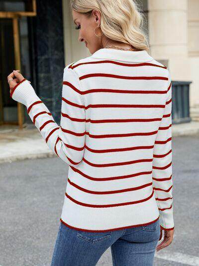 Striped Johnny Collar Long Sleeve Sweater for Women - Selvanelle