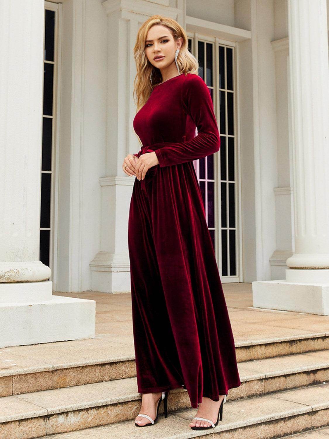 Tie Front Round Neck Long Sleeve Maxi Dress for Women - Selvanelle