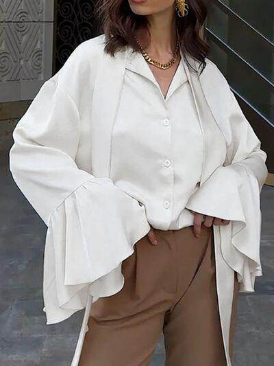 Button Down Flounce Sleeve Shirt for Stylish Women - Selvanelle