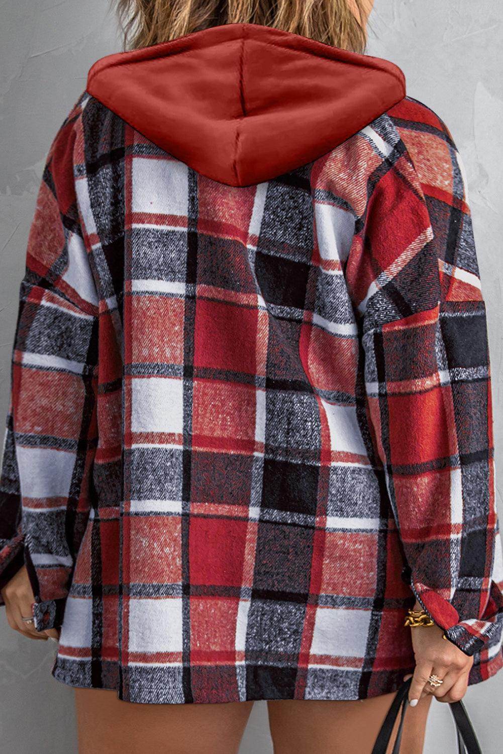 Plus Size Plaid Button Up Hooded Jacket for Women - Selvanelle