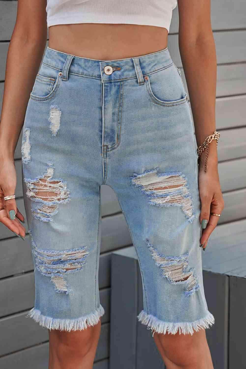 Distressed Raw Hem Denim Bermuda Shorts for Casual Style - Selvanelle