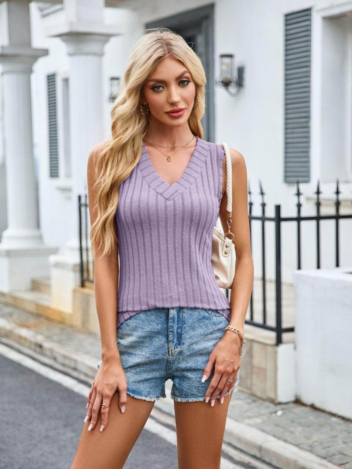 Ribbed Solid Color V-Neck Tank for Women Stylish Wear - Selvanelle