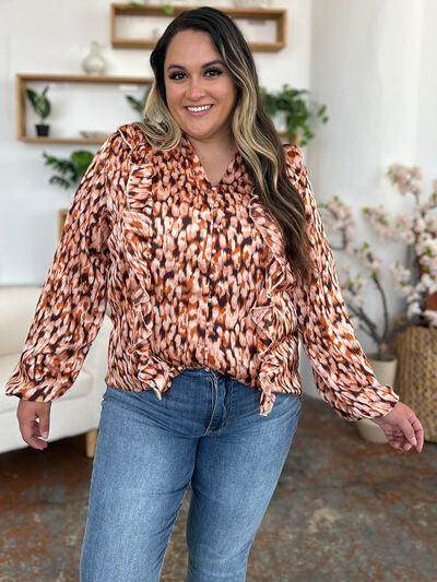 Double Take Full Size Printed Ruffle Trim Balloon Sleeve Shirt - Selvanelle