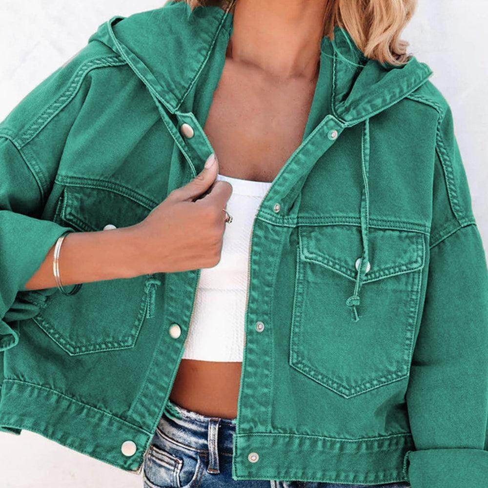 Hooded Dropped Shoulder Denim Jacket for Women Casual Wear - Selvanelle