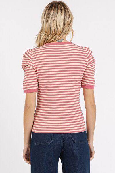 Mittoshop Striped Round Neck Puff Sleeve T-Shirt for Women - Selvanelle