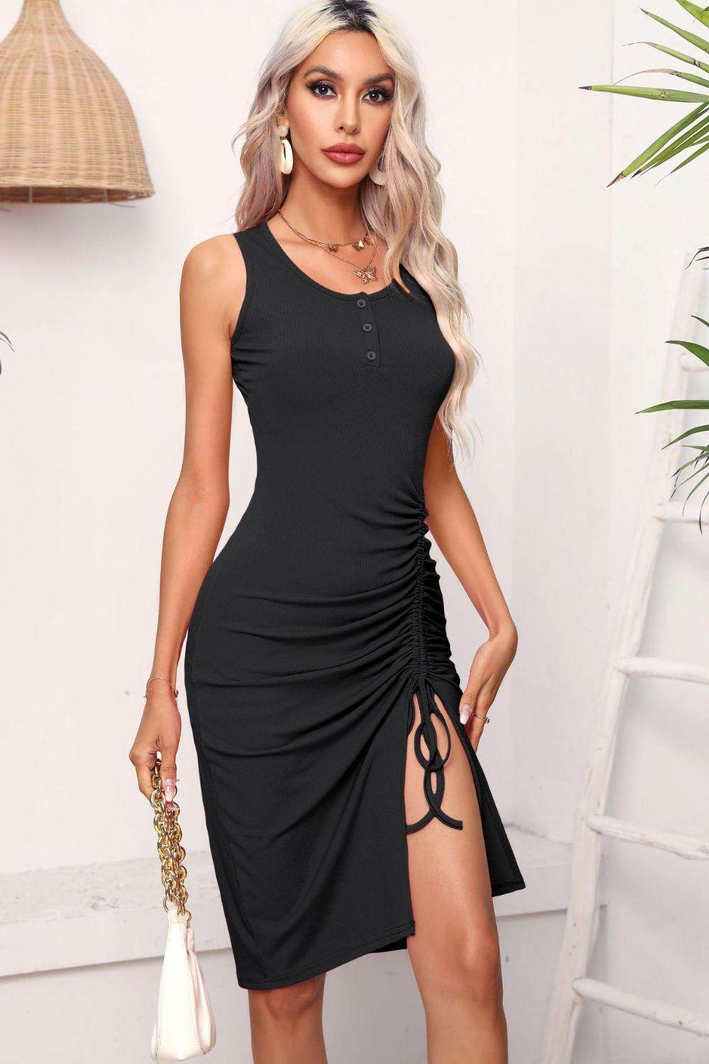 Drawstring Ruched Slit Sleeveless Dress for Chic Style - Selvanelle