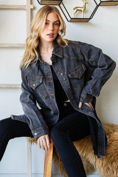 Veveret Button Up Distressed Frayed Hem Denim Jacket for Women - Selvanelle
