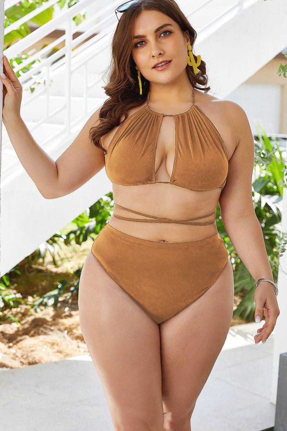 Plus Size Cutout Tied Backless Bikini Set - Selvanelle