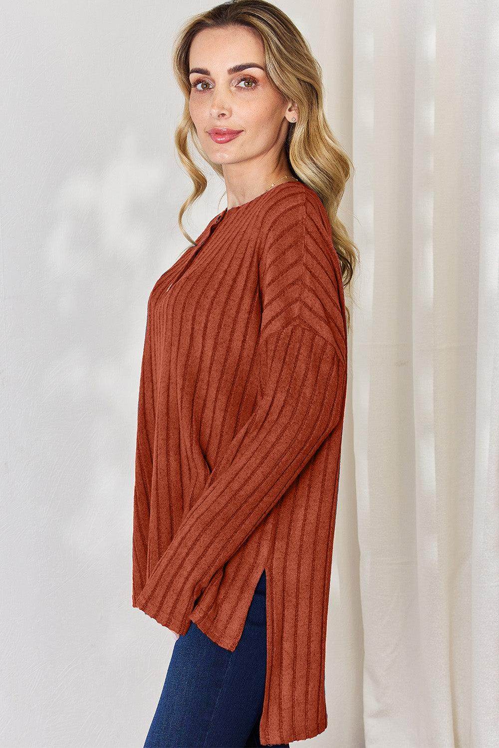 Basic Bae Full Size Ribbed Half Button Long Sleeve T-Shirt - Selvanelle