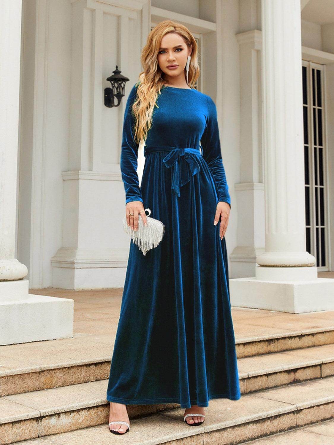 Tie Front Round Neck Long Sleeve Maxi Dress for Women - Selvanelle