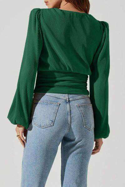 Drawstring V-Neck Long Sleeve Blouse for Women Stylish - Selvanelle