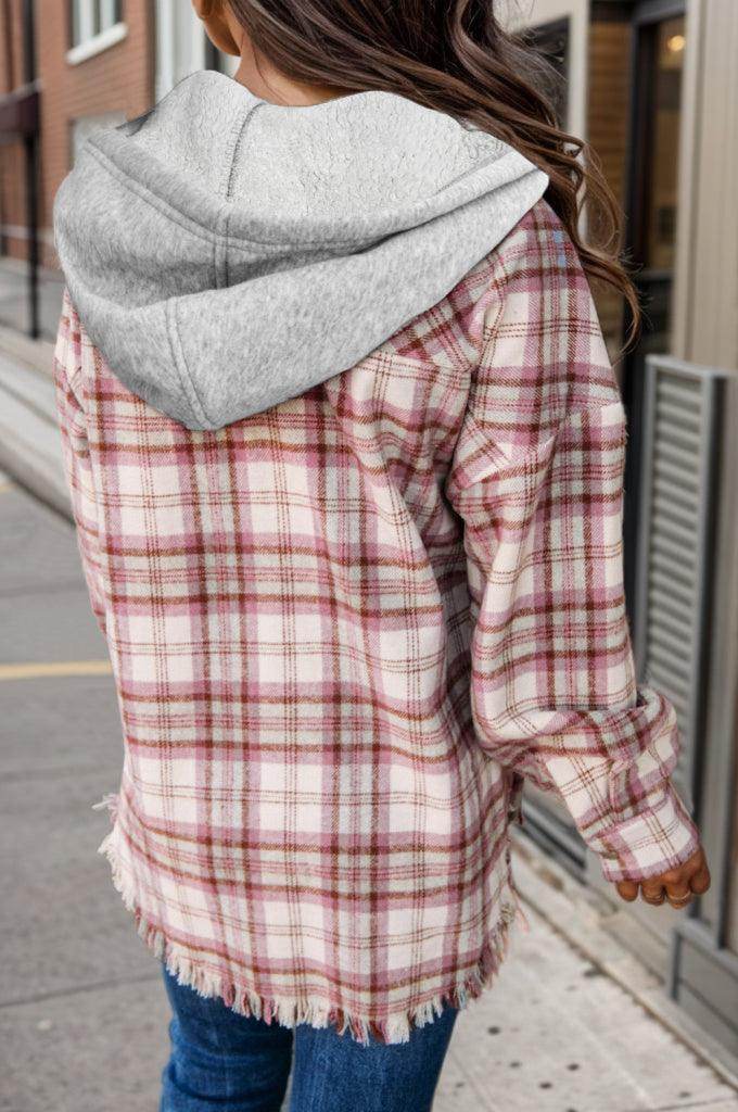 Plaid Raw Hem Drawstring Hooded Jacket for Women - Selvanelle