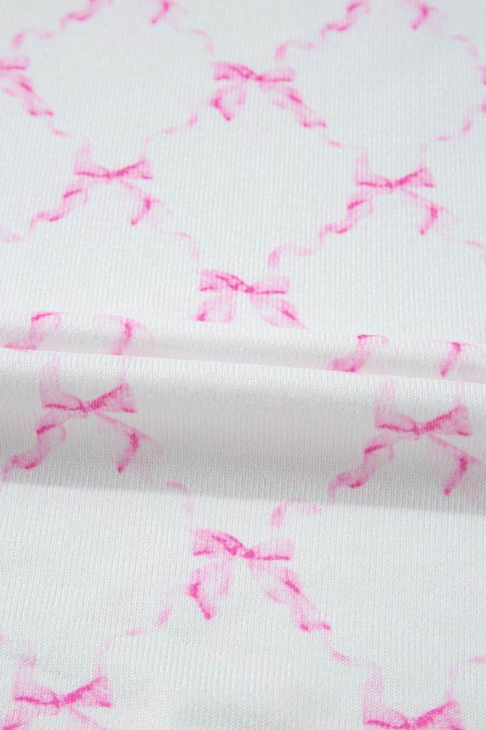 Bow Print Lettuce Trim Round Neck Top and Shorts Lounge Set - Selvanelle