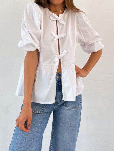 Tied Round Neck Balloon Sleeve Shirt for Stylish Look - Selvanelle