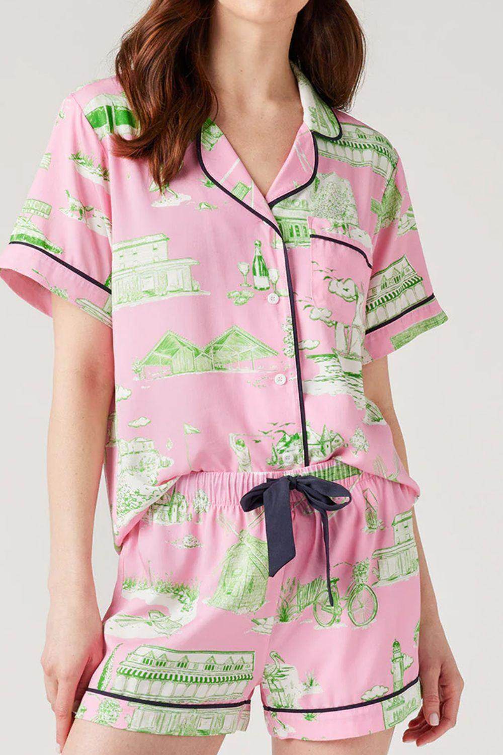Collared Neck Printed Top and Drawstring Shorts Lounge Set - Selvanelle