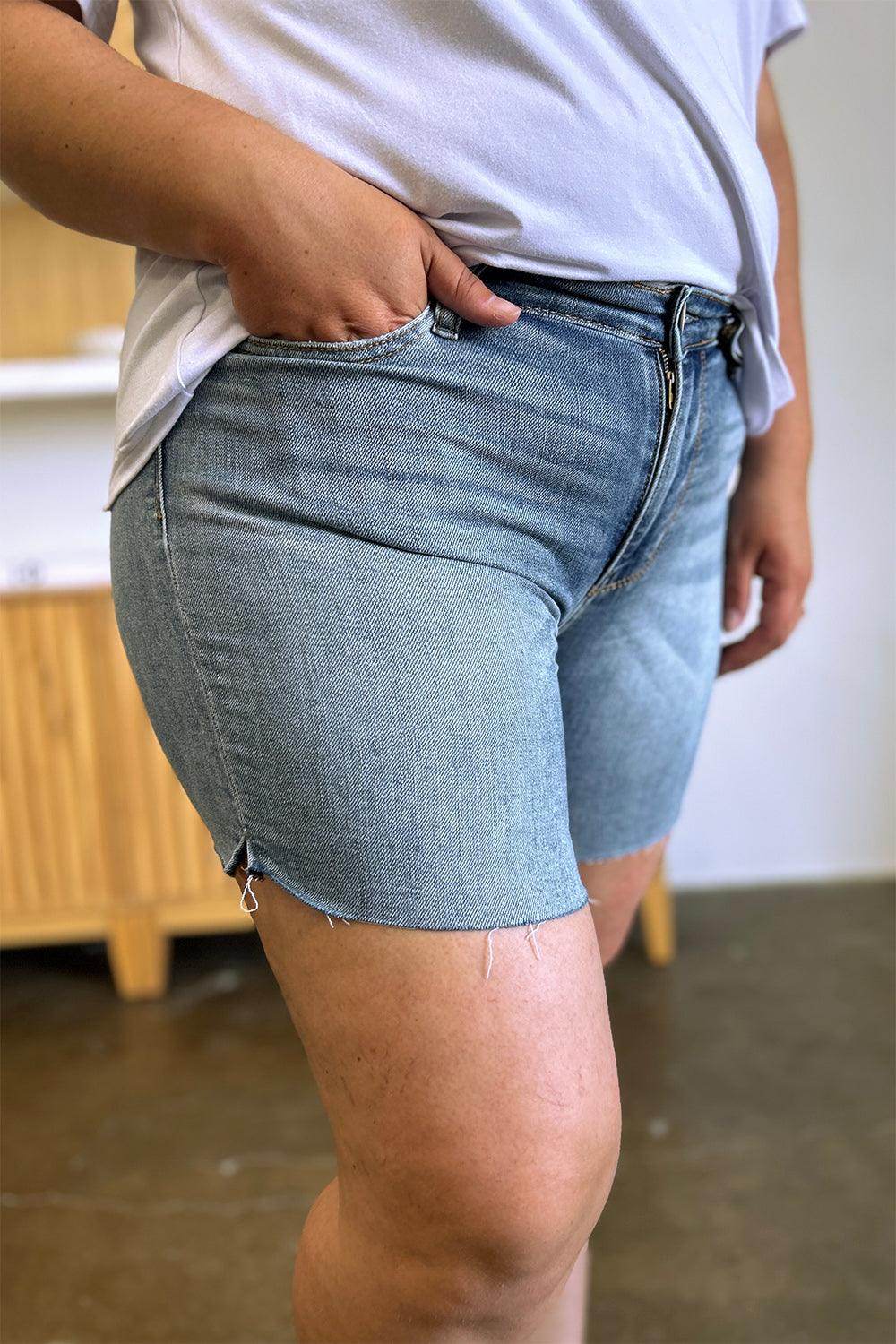Judy Blue Full Size High Waist Raw Hem Denim Shorts for Women - Selvanelle