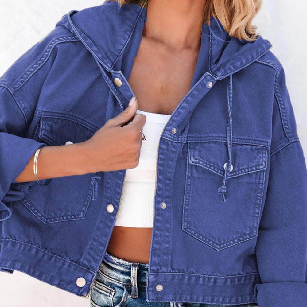 Hooded Dropped Shoulder Denim Jacket for Women Casual Wear - Selvanelle