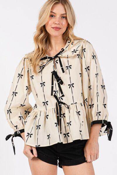 SAGE + FIG Bow Print Tie Front Babydoll Blouse for Women - Selvanelle