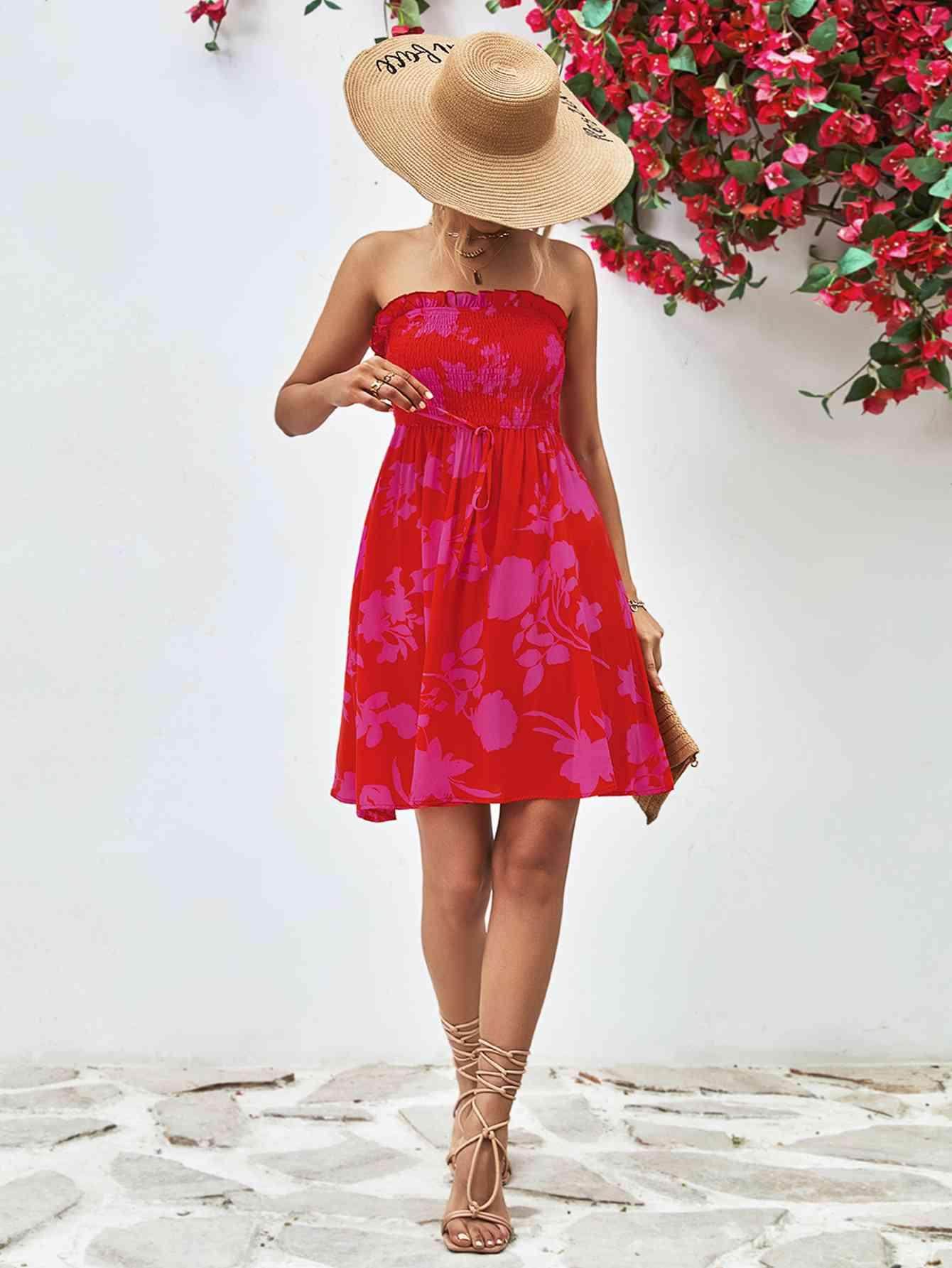 Floral Frill Trim Strapless Smocked Dress for Women - Selvanelle