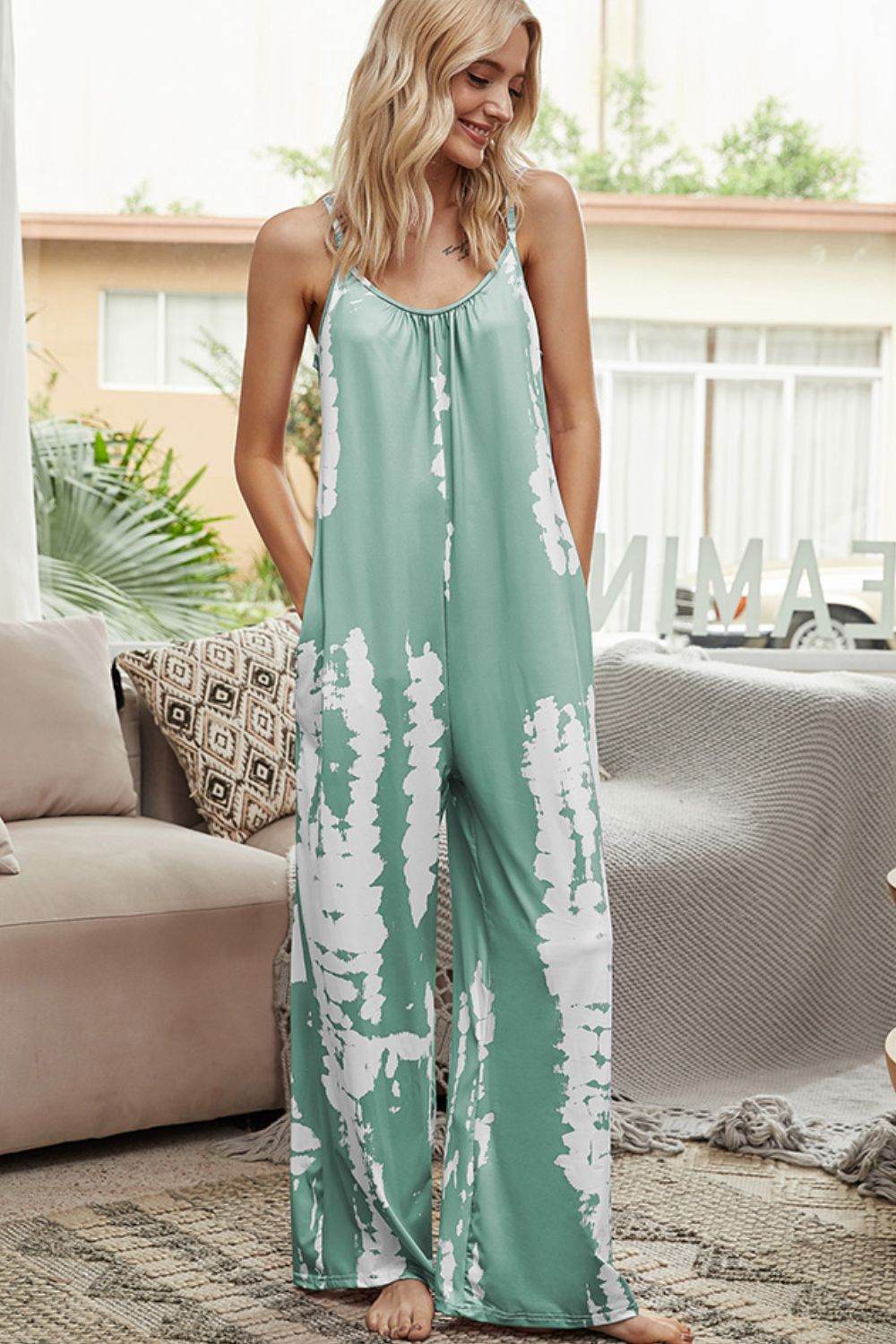 Shiny Tie-Dye Spaghetti Strap Jumpsuit with Pockets - Selvanelle