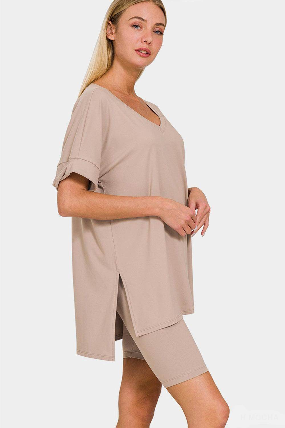 Zenana Full Size V-Neck Short Sleeve Slit T-Shirt Set - Selvanelle