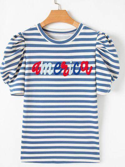 AMERICA Striped Round Neck Puff Sleeve Top for Women - Selvanelle