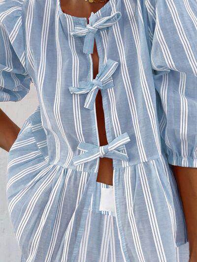 Tied Round Neck Balloon Sleeve Shirt for Stylish Look - Selvanelle