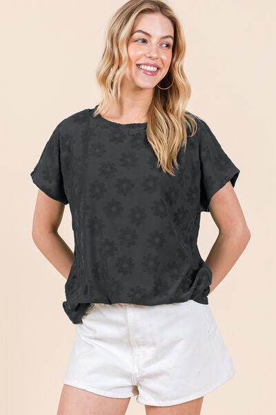 BOMBOM Textured Floral Pattern Short Sleeve T-Shirt for Women - Selvanelle