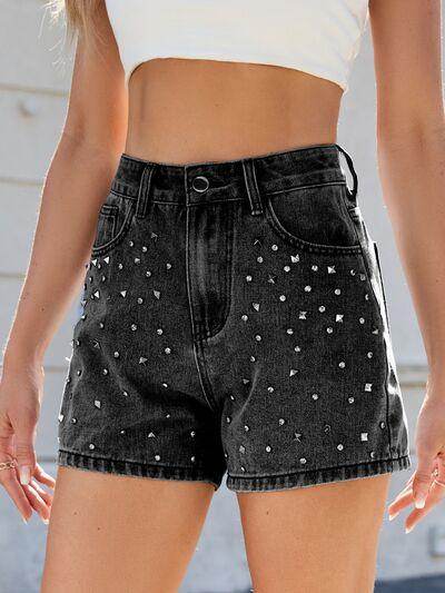 Rhinestone Washed High Waist Denim Shorts for Women - Selvanelle
