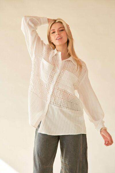 Davi & Dani Crinkled Jacquard Button Down Shirt for Women - Selvanelle