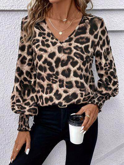Leopard V-Neck Lantern Sleeve Blouse for Women Fashion - Selvanelle