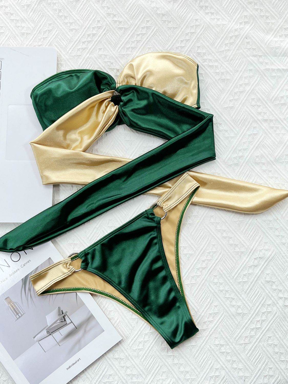 Two-Tone Ring Detail Tied Bikini Set - Selvanelle