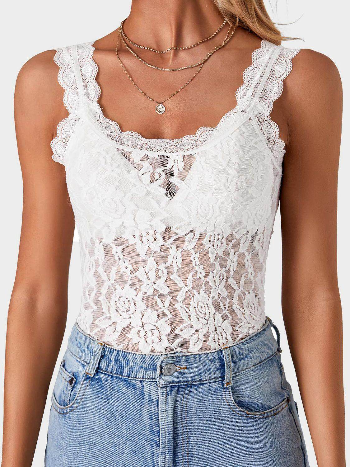 Lace Scoop Neck Tank for Women in Sheer Stretch Fabric - Selvanelle