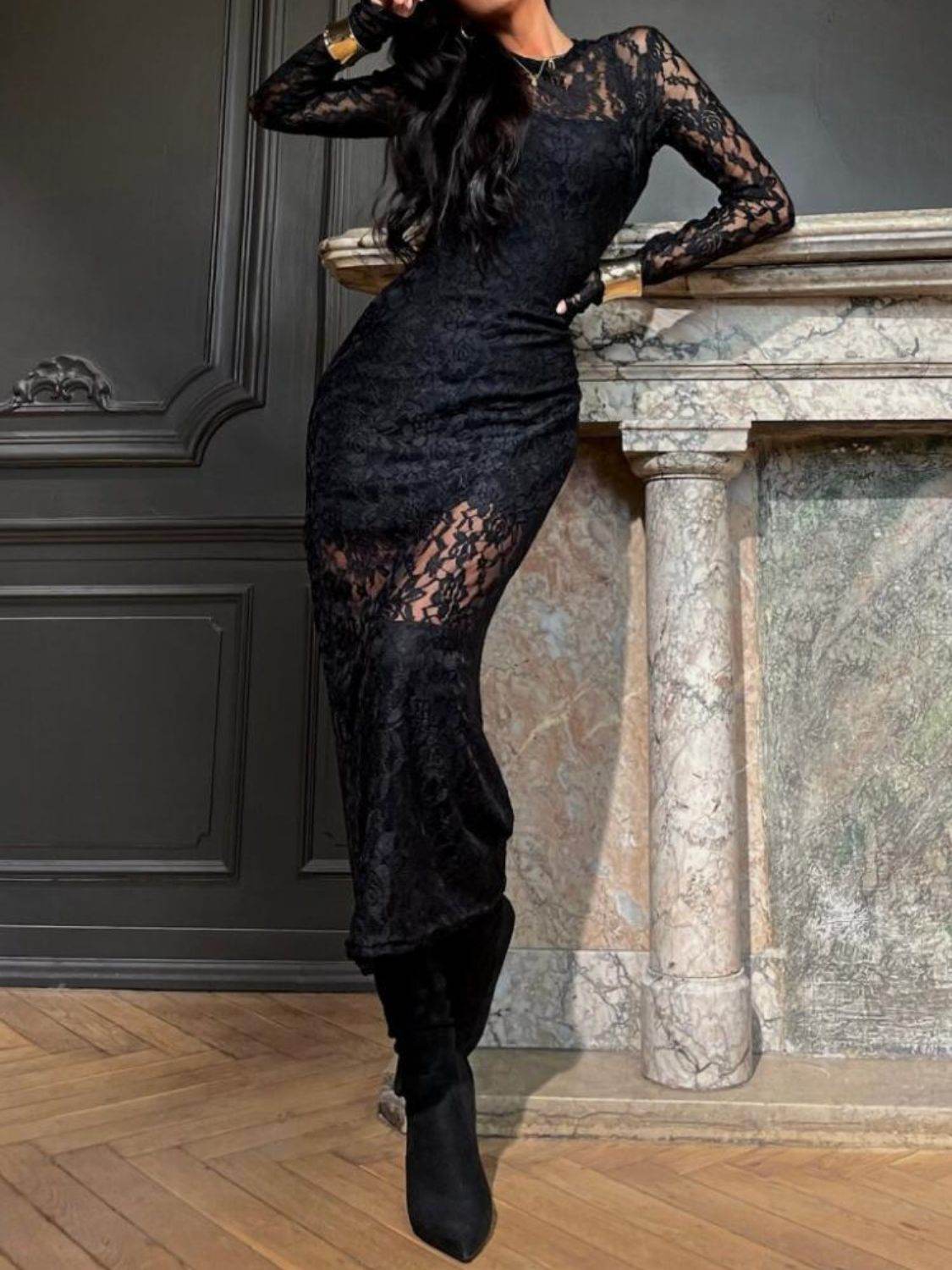 Lace Round Neck Long Sleeve Midi Dress - Selvanelle