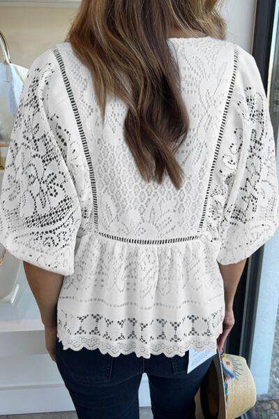 Lace Crochet Hollowed Scallop Hem V Neck Blouse for Women - Selvanelle