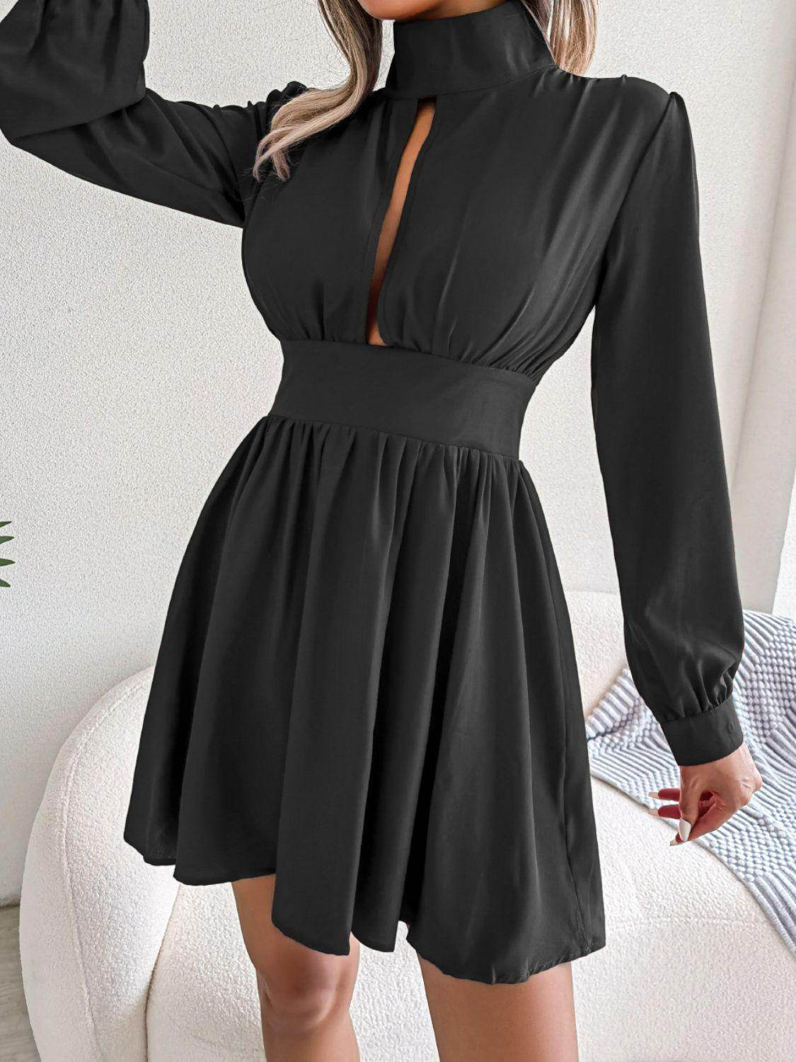 Cutout Turtleneck A-Line Mini Dress for Casual Wear - Selvanelle