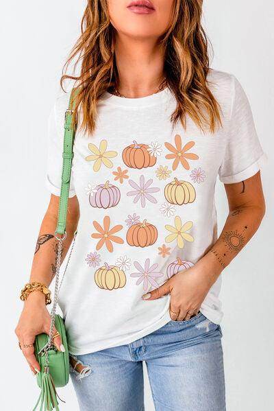 Pumpkin & Flower Round Neck Short Sleeve T-Shirt for Women - Selvanelle