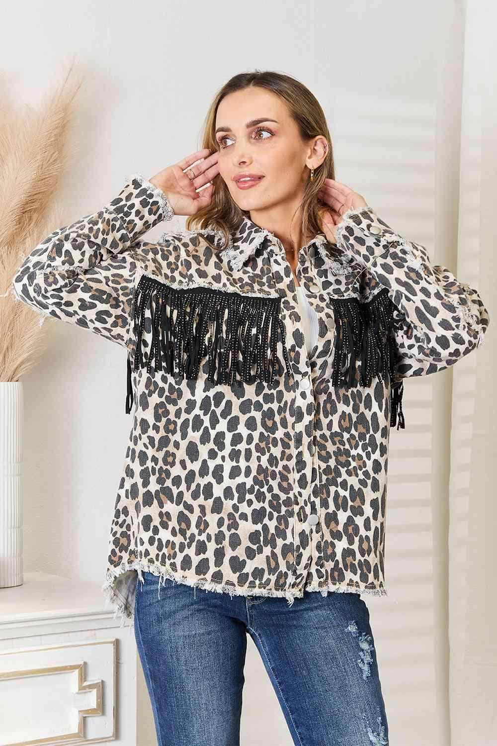 Leopard Fringe Detail Collared Neck Denim Jacket for Women - Selvanelle