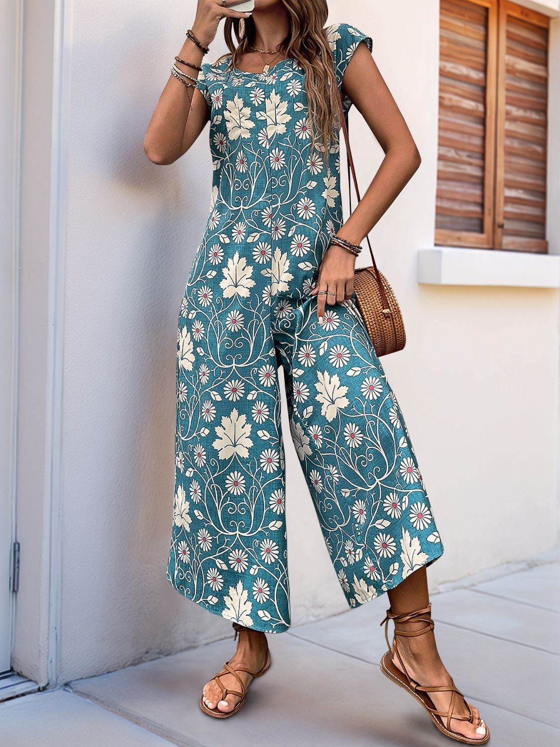 Perfee Printed Round Neck Cap Sleeve Wide Leg Jumpsuit - Selvanelle