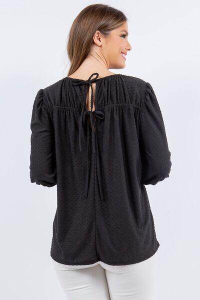 Celeste Full Size Puff Sleeve and Bow Detail Top Plus Size - Selvanelle