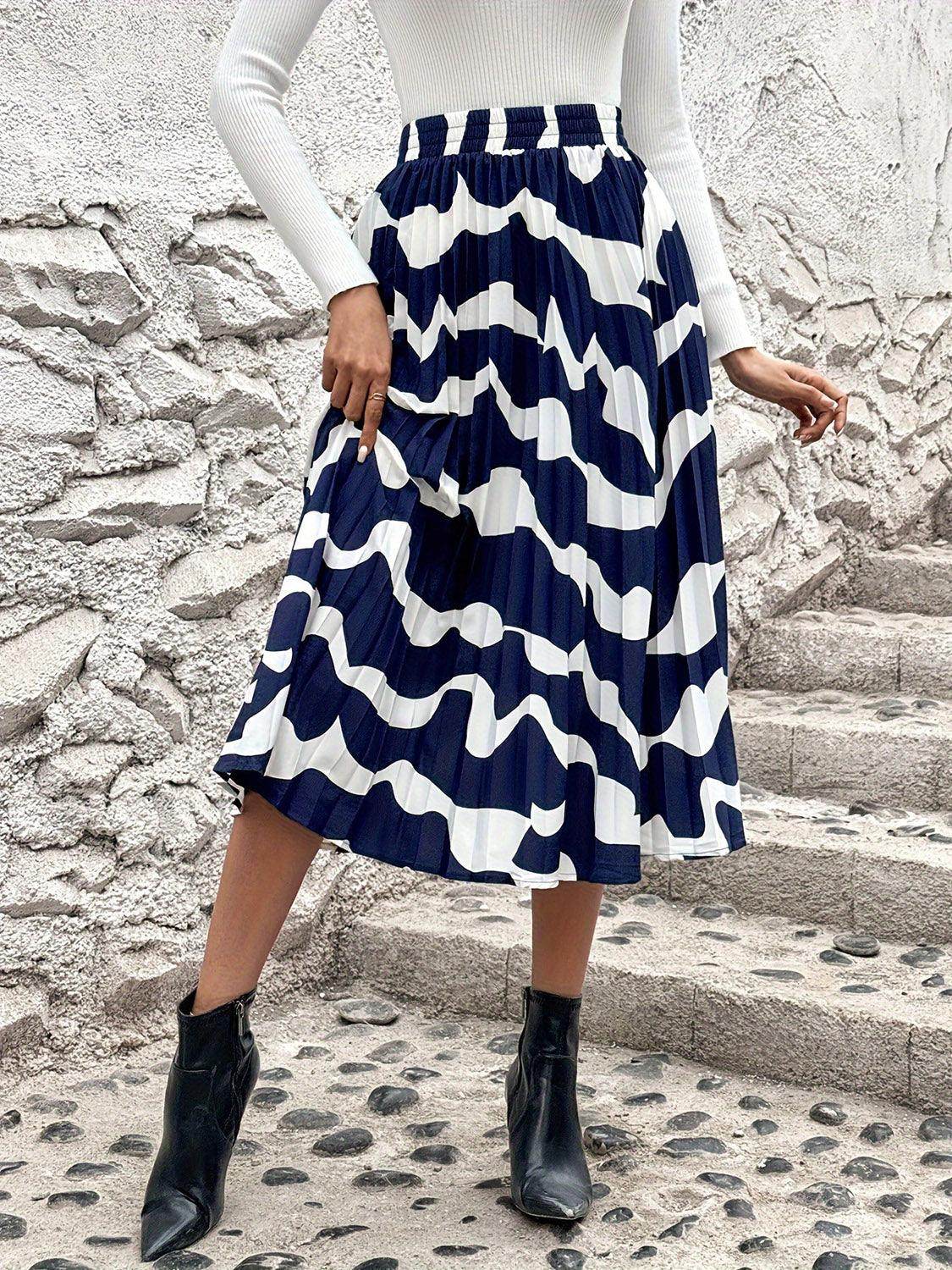 Pleated Printed Elastic Waist Skirt for Women in Various Sizes - Selvanelle