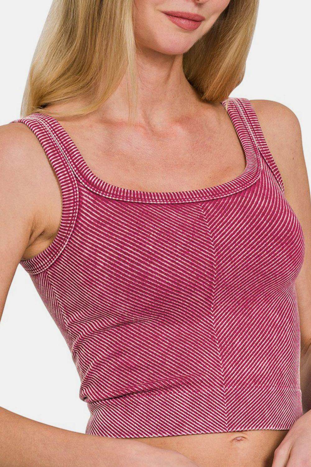 Zenana Washed Ribbed Scoop Neck Wide Strap Tank Top - Selvanelle