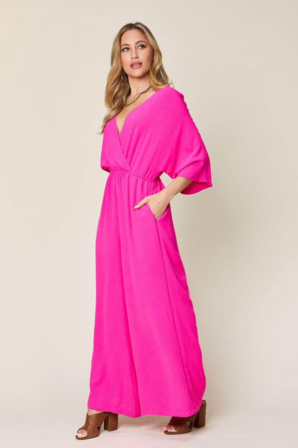 Double Take Full Size Surplice Wide Leg Jumpsuit with Pockets - Selvanelle
