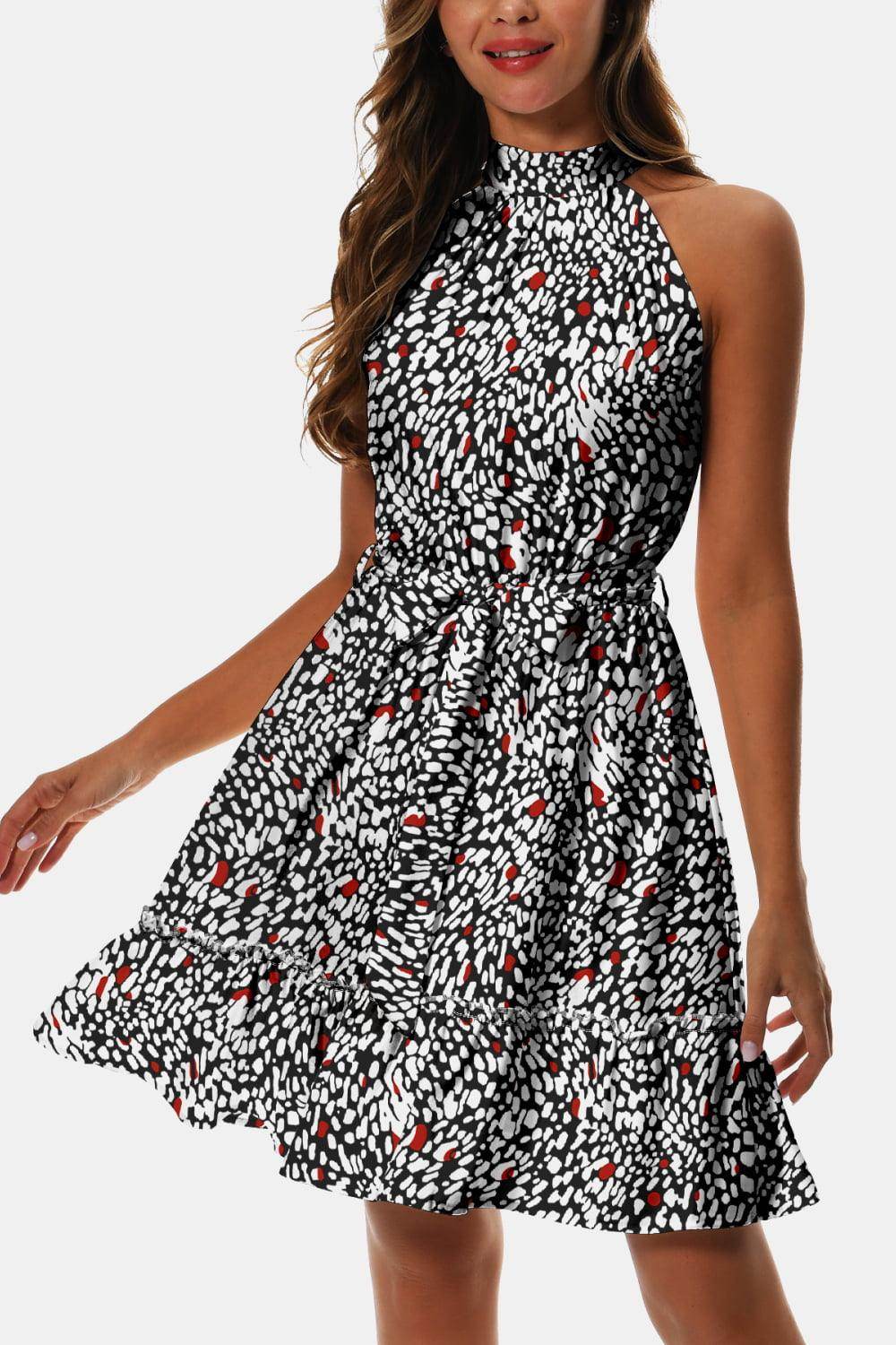 Printed Tie Waist Frill Trim Dress for Chic Summer Style - Selvanelle