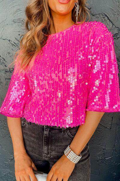 Sequin Round Neck Half Sleeve Blouse for Stylish Women - Selvanelle