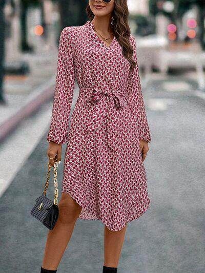Tied Printed Notched Balloon Sleeve Dress for Women - Selvanelle