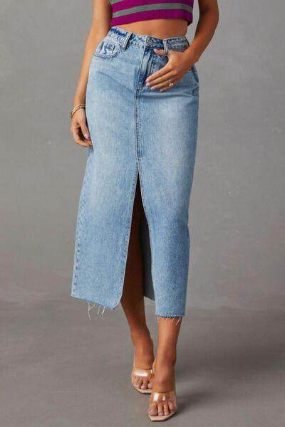 Slit Raw Hem Midi Denim Skirt for Effortless Style - Selvanelle