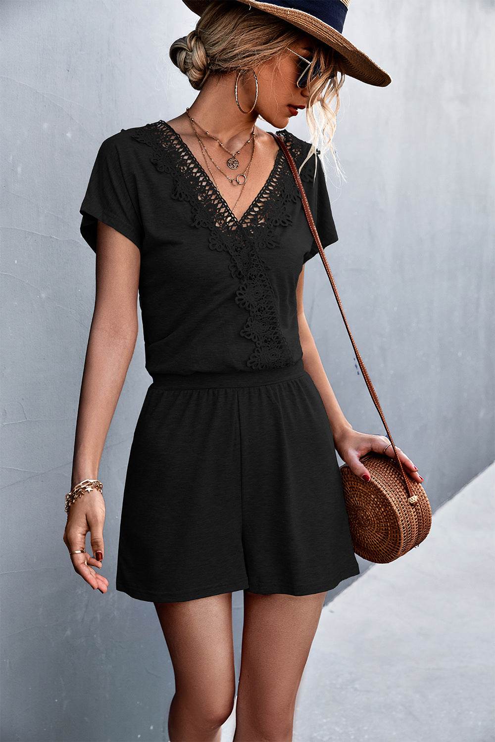 Lace Trim V-Neck Romper - Selvanelle