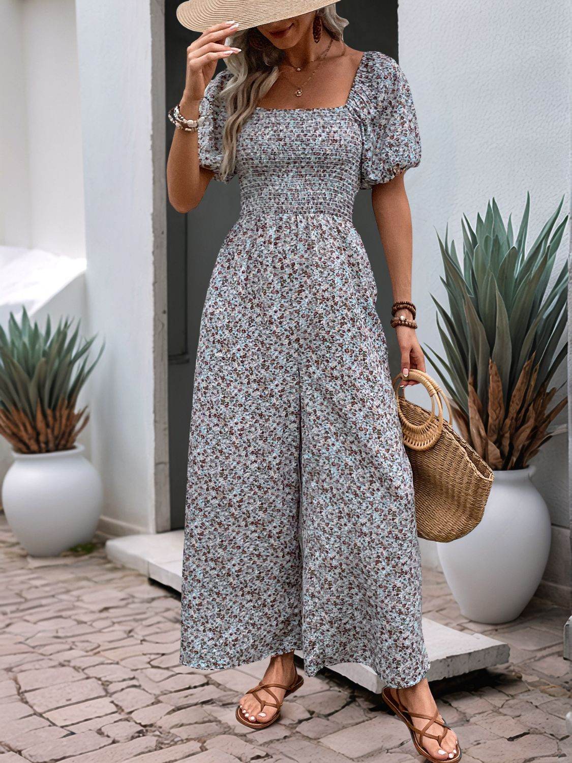 Perfee Ditsy Floral Smocked Square Neck Puff Sleeve Jumpsuit - Selvanelle